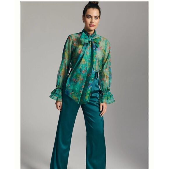 Anthropologie Mynah's Reynu Taandon Sheer Bow Blouse in Blue Floral Motif - Picture 1 of 10